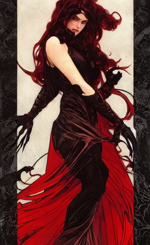 Image similar to Female dark angel in gothic red and black dress, their black wings are extended. By artgerm and greg rutkowski and alphonse mucha