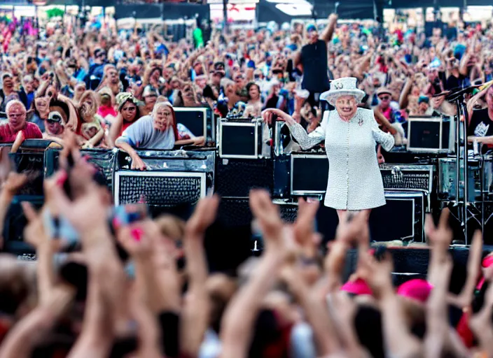 Image similar to photo still of queen elizabeth at vans warped tour!!!!!!!! at age 7 0 years old 7 0 years of age!!!!!!! throwing down in the mosh pit, 8 k, 8 5 mm f 1. 8, studio lighting, rim light, right side key light