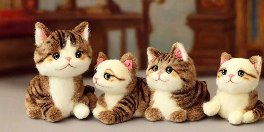 Image similar to 3 d precious moments plush cat, sitting in a castle, realistic fur, stuffed animal, master painter and art style of john william waterhouse and caspar david friedrich and philipp otto runge