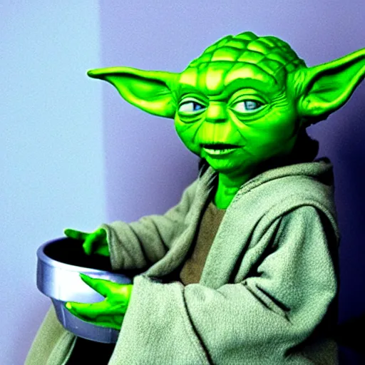 Image similar to yoda sitting on toilet