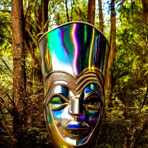 Image similar to wraith pagan wearing iridescent metallic dogon tribal mask standing in a clearing in the deep forest, rays of the sun, caustics, realistic, photography, photojournalism, national geographic photoshoot, inner glow, shimmer, sparkle, smoke, dust