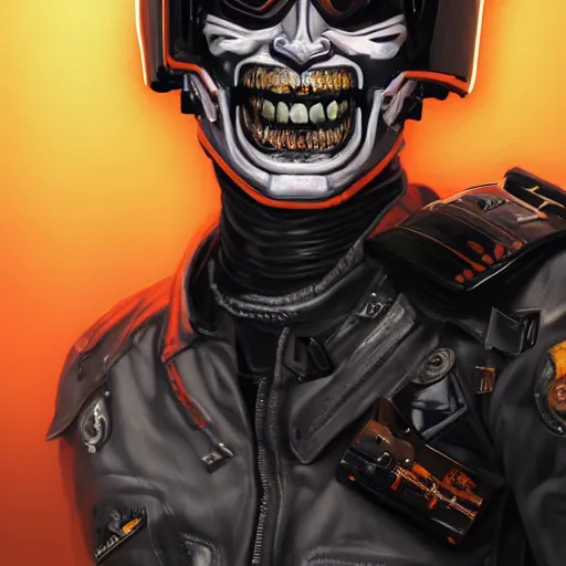 Prompt: a portrait of an cyborg skull fighter pilot wearing a helmet, vampire teeth, in an orange racing helmet by sandra chevrier, detailed render, epic composition, cybernetics, 4 k realistic, cryengine, realistic shaded lighting, sharp focus, masterpiece, by matteo scalera, gary montalbano, peter elson in the style of the tokyo ghost comic