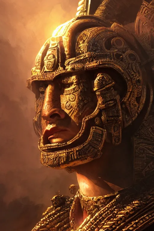 Image similar to aztec god, close - up portrait, powerfull, intricate, elegant, volumetric lighting, scenery, digital painting, highly detailed, artstation, sharp focus, illustration, concept art, ruan jia, steve mccurry