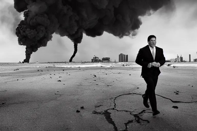 Prompt: ron desantis running from an explosion in the background, medium long shot, cinematic, 2 0 mm lens, photograph