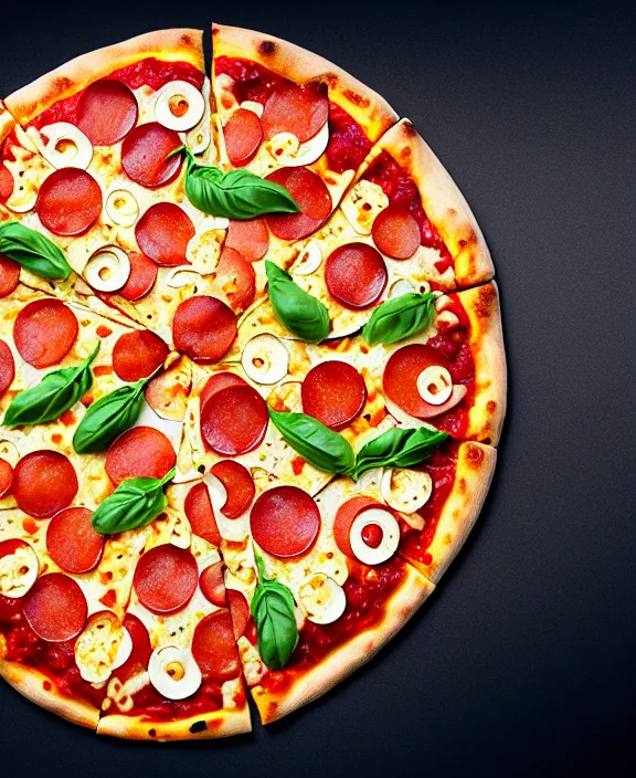 Image similar to big pizza with ingredientes forming a mandala, hyper realistic, food photography, advertising photography, tasty.