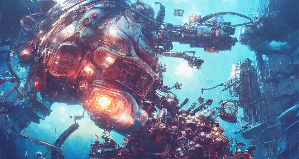 Prompt: cyberpunk sealife fighting underwater, deep sea, organic, mariana trench, midnight zone, bubbles, hyper realistic, hyper detailed, digital art, trending in artstation, studio quality, photorealistic, photo, by jesper ejsing, wlop, paul lehr