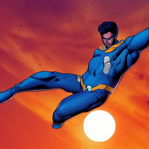 Image similar to Invincible (Image Comics) flying in an heroic pose, highly detailed, artstation, 8K HDR, sunset.