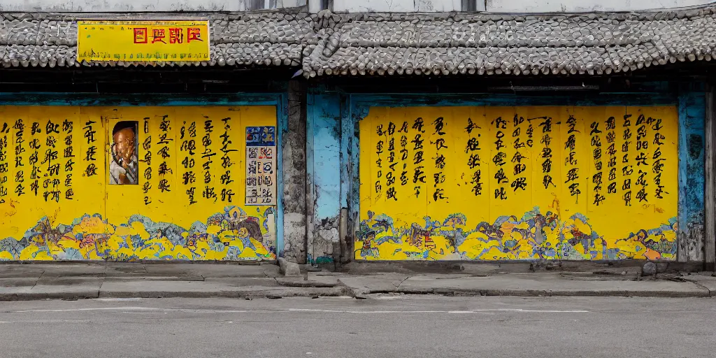 Image similar to an old and abandoned chinese restaurant with a sign saying chen chow and with a yellow wall mural saying open 2 4 hours