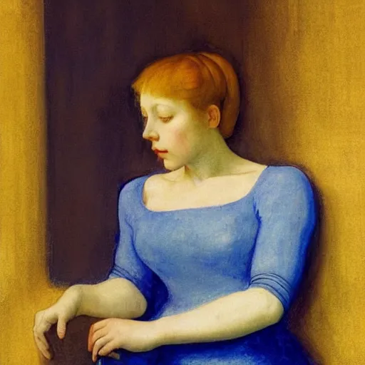 Image similar to close up of an ivory girl in a blue and gold haunted liminal abandoned room, film still by edward hopper, by Pontormo, by klimt, pre-raphaelite. art noveau, art noveau, highly detailed, strong lights, liminal, eerie, Bright pastel colors