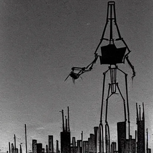 Image similar to three-legged robot from the story War of the Worlds by Herbert Wales, rises above the foggy city at night and shines searchlights on the ground in search of people, realism,