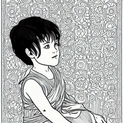 Image similar to clean simple line art of a little boy with short hair. no background. well composed, clean coloring book page, beautiful detailed face. coloring book line art by greg rutkowski and johanna basford and alphonse mucha