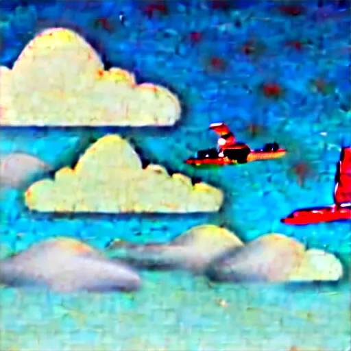 Prompt: a homemade plane in the foreground and a flying city fussed with a blimp in the sky over the clouds in the background, in the bottom there a lot of fog