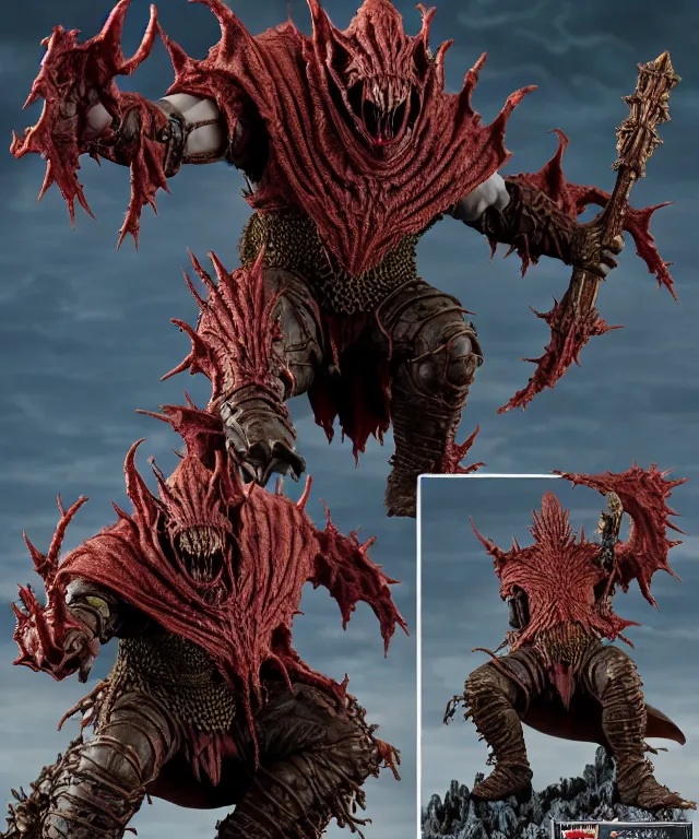 Image similar to hyperrealistic rendering, epic boss battle, ornate supreme orc goblin overlord wild hunt cletus kasady carnage nazgul, jewel crown, war armor battle, by art of skinner and richard corben and brock hofer and artgerm and greg rutkowski and alphonse mucha, product photography, collectible action figure, sofubi, hottoys, storm clouds, outside, lightning