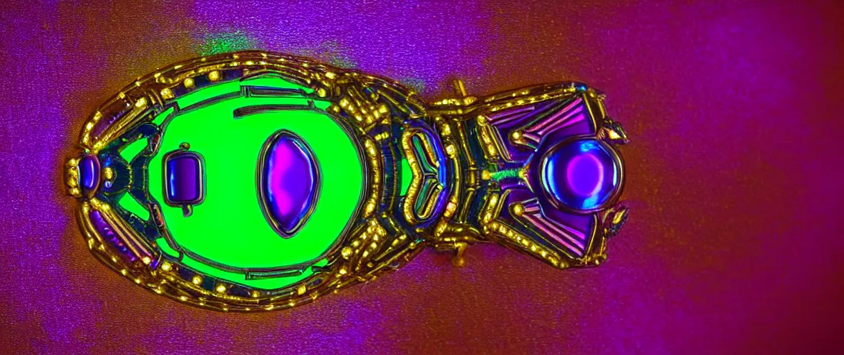 Image similar to high quality photo glowy iridescent cyborg scarab! jeweled very pretty! highly detailed digital art david ligare elson peter cinematic purple neon lighting high quality low angle hd 8k sharp shallow depth of field