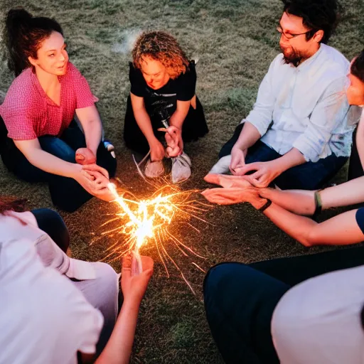 Prompt: photograph of people bonding around a firecircle, kismet