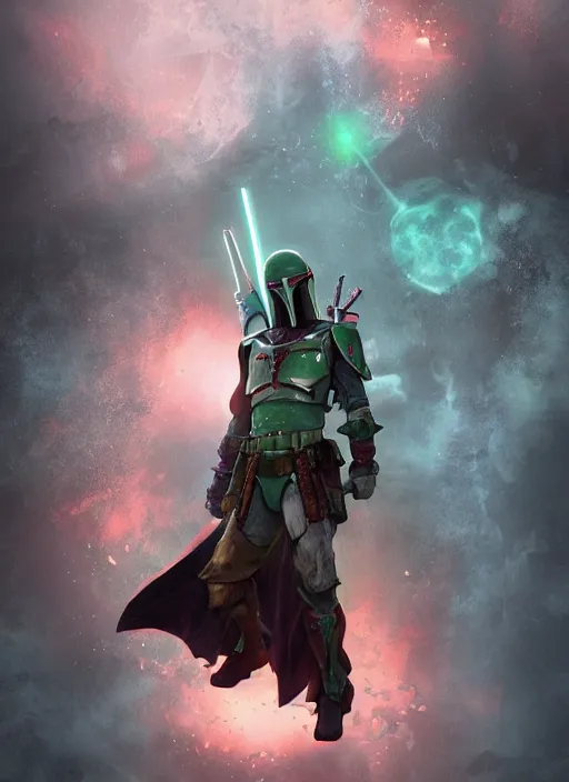 Image similar to arcane wizard x boba fett, fantasy inspired boba fett as a wizard in a scenic environment, 3 d digital art, character mashup, epic volumetric lighting, combination art, photorealistic, sharp focus, aesthetic, inspired by studio ghibli