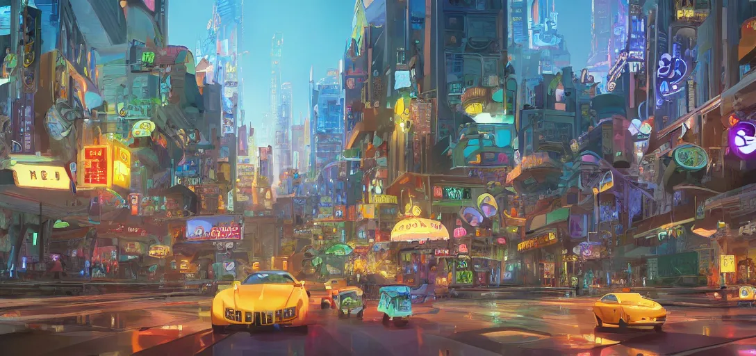 Prompt: visual development futuristic main street los angeles cityscape, by dice tsutsumi, pixar disney dreamworks sony animation, photoshop, the art of books