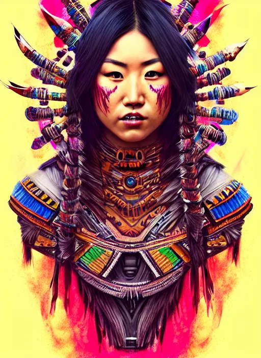 Image similar to portrait of karen fukuhara, hyper detailed ultra sharp aztec shaman warrior. trending on artstation, warpaint aesthetic, bloodwave, colorful, psychedelic, ornate, intricate, digital painting, concept art, smooth, sharp focus, illustration, art by artgerm and greg rutkowski and h. r. giger, 8 k