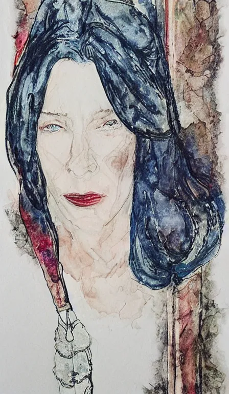 Image similar to cate blanchett , hanging scroll, ink and colours on silk,