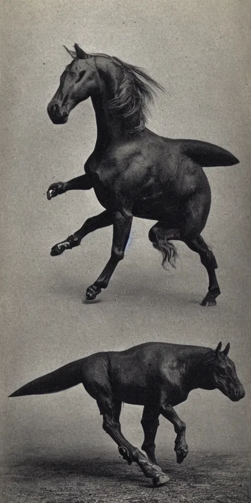 Prompt: [ [ t rex ] ] and a horse with leg, walk, movement, soft, black and white, photograph, 1 8 5 0 s