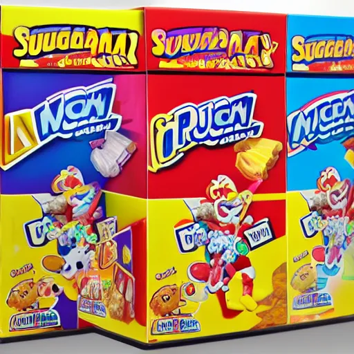 Prompt: box of sugary cereal with a cartoon mascot, highly detailed, high definition, ultra realistic