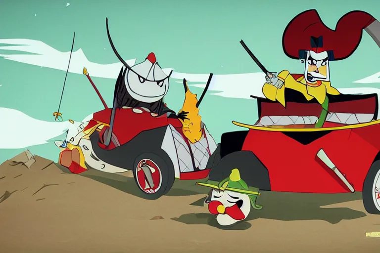 Prompt: samurai jack driving a clown car, photorealistic, detailed and intricate environment