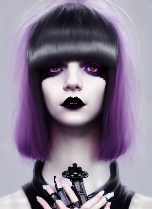 Image similar to portrait of white teenage girl, normal face, black bangs, mall goth, cyberlox, black and white hair, bangs, fluffy bangs, red contacts, purple lipstick, intricate, elegant, highly detailed, digital painting, artstation, concept art, sharp focus, smooth, illustration, art by wlop, mars ravelo and greg rutkowski