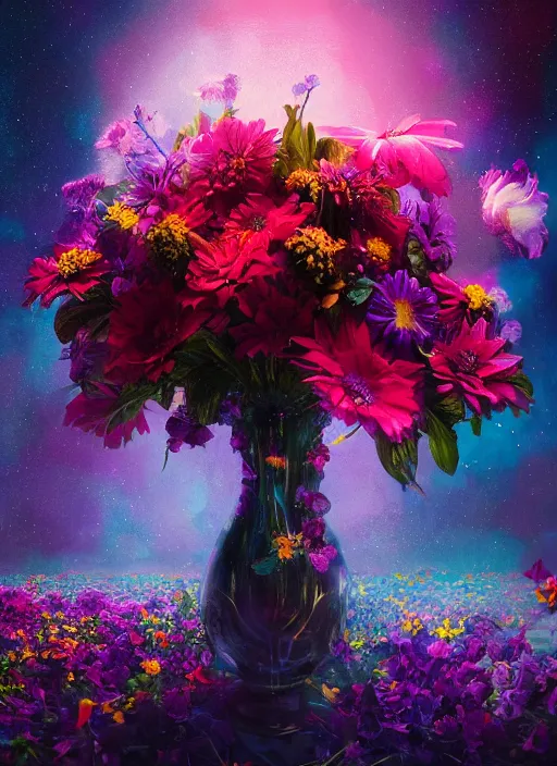 Image similar to An epic fantastic realism comic book style painting of the most beautiful flowers launched across the dark and starry cosmos, bouquets, fisheye lens, unreal 5, DAZ, hyperrealistic, octane render, dynamic lighting