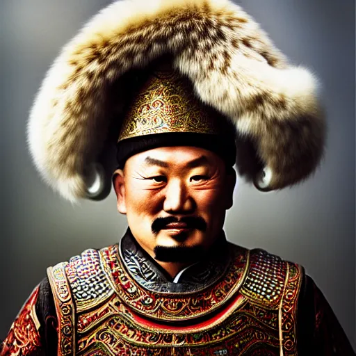 Image similar to Photo of Genghis Khan, close-up, high detail, studio, ominous background, smoke, by Martin Schoeller