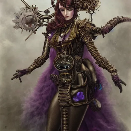 Image similar to rudolf freund dan mumford tom bagshaw, dream world curiosities carnival, photorealistic soft paint of a single very beautiful aristocrat full long steampunk armored, ultra deep fog, purple auburn hair, partial symmetry accurate features, focus, very intricate ultrafine details, award winning masterpiece, steampunk world