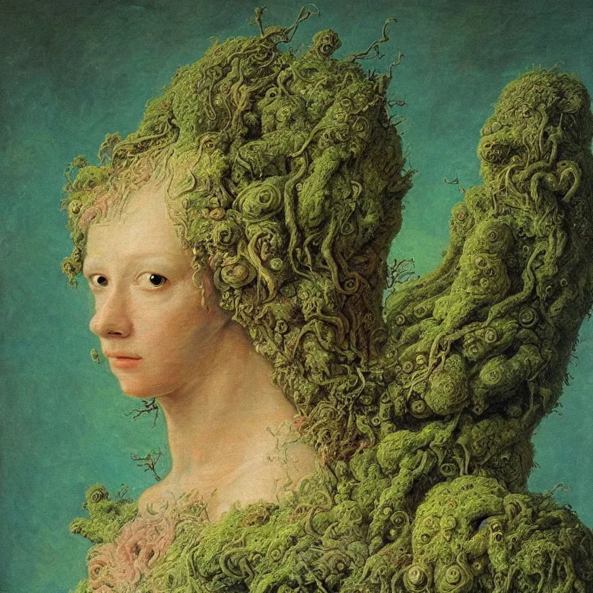 Prompt: a close - up rococo portrait of an alien creature covered in moss, mushrooms, and swamp, 1 8 th century painting by jean - honore fragonard and moebius. gloomy blue green environment, blurry organic dark background. sci - fi renaissance masterpiece. artstation