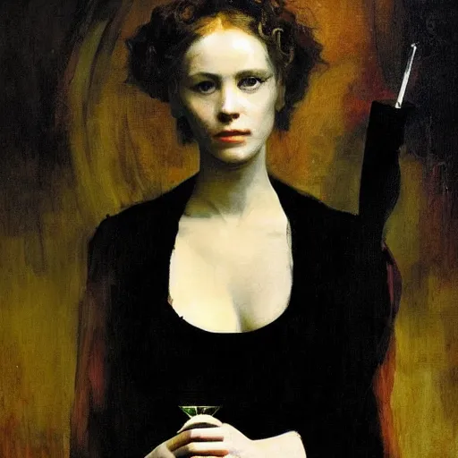 Image similar to portrait of a mysterious woman holding a martini, by Ilya Repin and Dave McKean