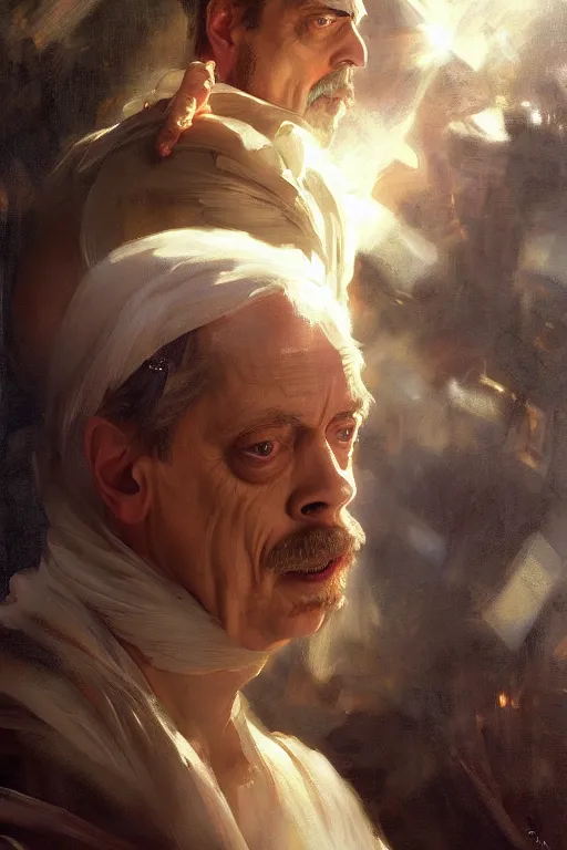 Image similar to beautiful expressive oil painting portrait of ancient roman god emperor steve buscemi ascending wearing the civic crown levitating in religious pose, art by anders zorn, wonderful masterpiece by greg rutkowski, beautiful cinematic light, american romanticism by greg manchess, jessica rossier