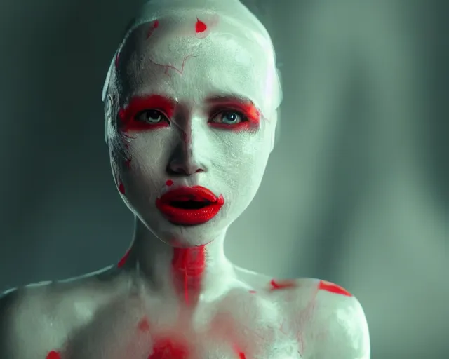 Image similar to a film still of a synthetic female human wrapped in white cloth, red eyes, mouth agape, tribal facepaint, in neotokyo, cinematic lighting, high resolution, 4 k