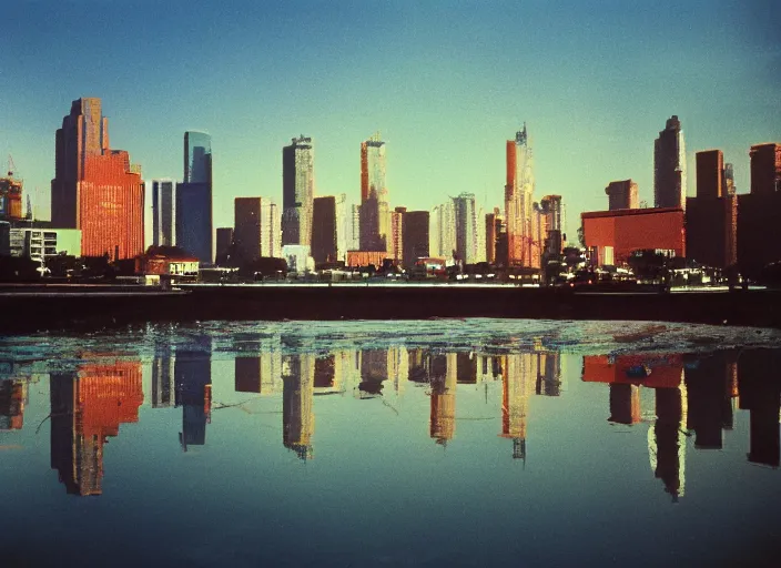 Image similar to retro color photo of a city skyline in the 8 0's. reflections in the water