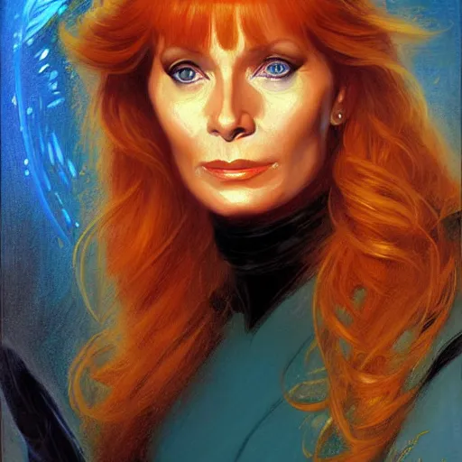 Prompt: a portrait of dr crusher, star trek the next generation. highly detailed painting by gaston bussiere, craig mullins, j. c. leyendecker, furry