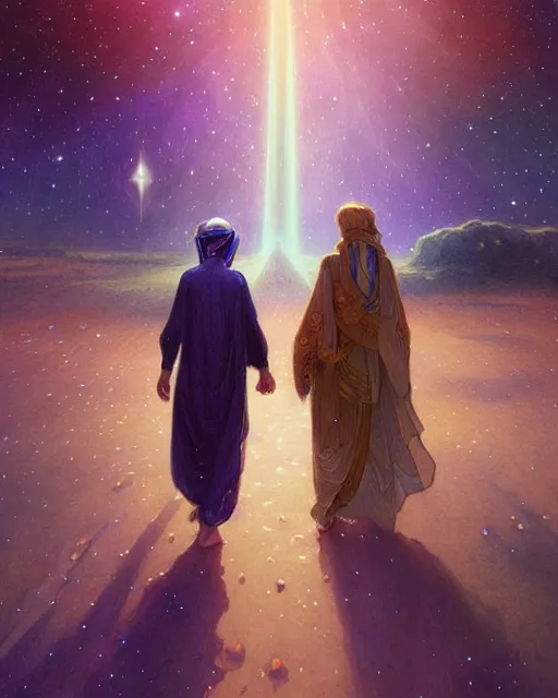 Image similar to bedouin man and woman and child in galaxy walking towards mosque surrounded by nebula, highly detailed, gold filigree, romantic storybook fantasy, soft cinematic lighting, award, disney concept art watercolor illustration by mandy jurgens and alphonse mucha and alena aenami, pastel color palette, featured on artstation