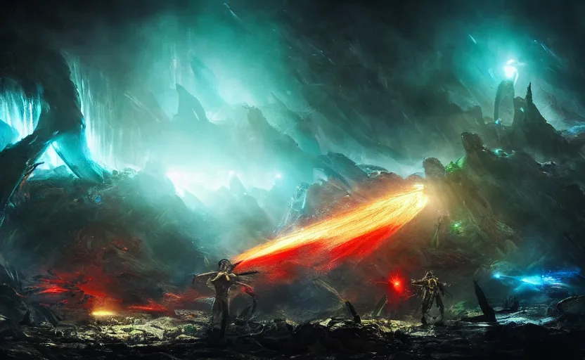 Image similar to a colorful explosive epic extraterrestrial and hunan battle in hollywood, in the style of avatar and h. r. giger, epic scene, extremely detailed masterpiece, extremely moody lighting, glowing light and shadow, atmospheric, shadowy, cinematic, god lighting