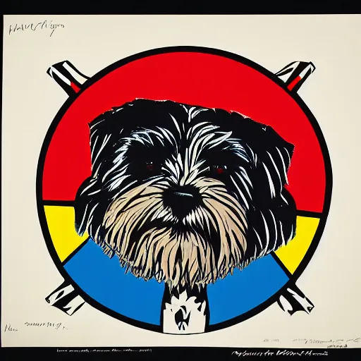 Image similar to tlingit haida lithographic, havanese dog, abstract, simple colors, lithograph print by nathan jackson and tristan - wolf reg davidson clifton guthrie maynard johnny jr.