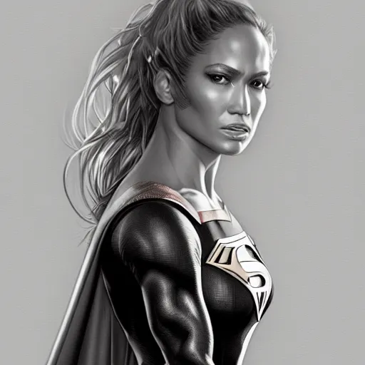 Image similar to full figure ultra realistic illustration, jennifer lopez as supergirl, intricate, elegant, highly detailed, digital painting, artstation, concept art, smooth, sharp focus, illustration, art by artgerm and greg rutkowski and alphonse mucha