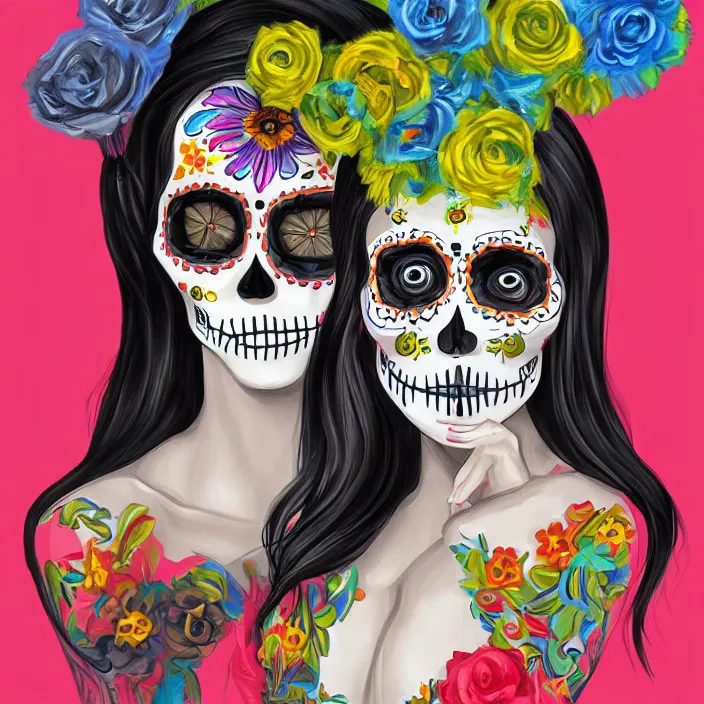 Image similar to a smiling girl with long black hair, her paint painted as dia de los muertos, by alozuniga. with the style of arcane ( 2 0 2 1 ). digital draw, digital art, trending on instagram, digital painting.