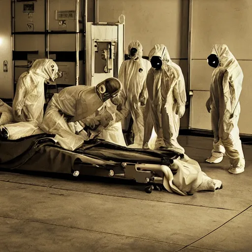 Image similar to dismantled alien on a gurney in hanger with people in hazmat suits standing around, grainy, vintage photo, sepia, old photo, realistic, detailed,