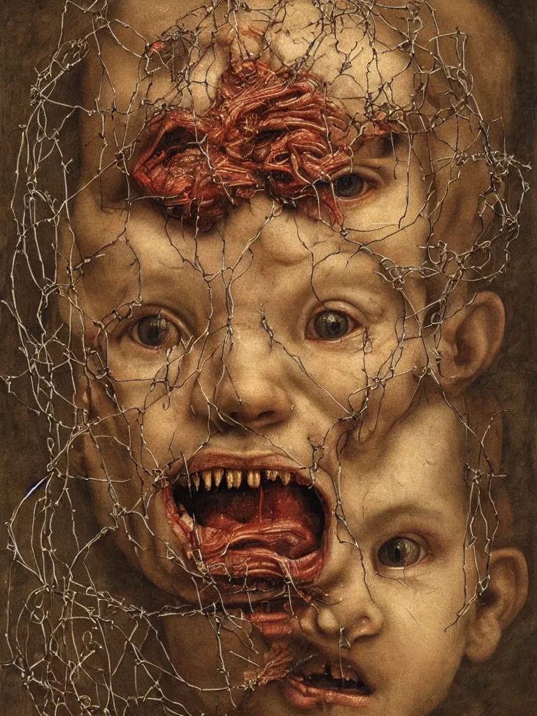 Image similar to a boy made of barbed wire looking into camera, screaming in pain, by giuseppe arcimboldo and ambrosius benson, renaissance, intricate and intense oil paint, a touch of beksinski and hr giger and edward munch, realistic