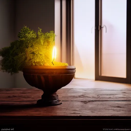 Image similar to a large vase on top of a antique wooden table, vegetables on table and candle, medieval concept art, cinematic lightning and colors, vray tracing, rendered in unreal engine, dark lightning, contrast shadows