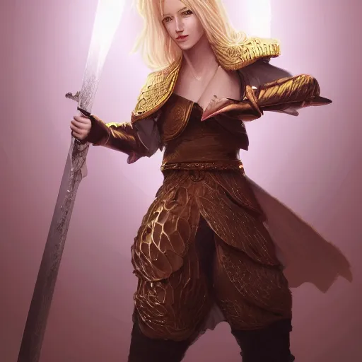 Prompt: a digital painting of a woman with blonde hair, a character portrait by feng zhu, cgsociety, fantasy art, ethereal glow, light white rainbow nails and a glowing chromatic sword behind her, medieval armour, waterfall, crocodile, tamborine, salt shaker, happy friend, fire, lamps, artstation hq, artstation hd, fantasy