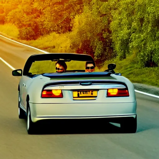 Prompt: convertible with cat driving on road, clear sky, golden hour, unobstructed road