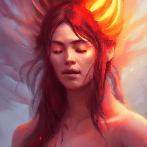 Image similar to a beautiful portrait of a fire goddess with closed eyes by greg rutkowski and raymond swanland, trending on artstation, flaming background, ultra realistic digital art