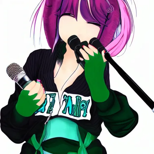 Prompt: hatsune mikue in a sweater rapper with microphone dark art