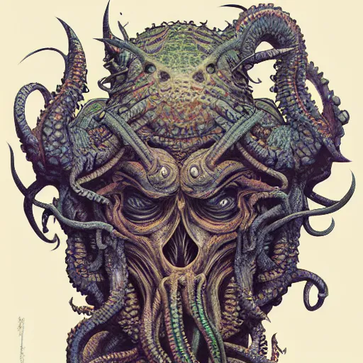 Prompt: upper body and head portrait of cthulhu, symmetrical, by yoichi hatakenaka, masamune shirow, josan gonzales and dan mumford, ayami kojima, takato yamamoto, barclay shaw, karol bak, yukito kishiro