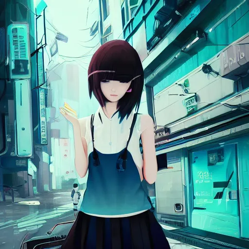 Image similar to Frequency indie album cover, luxury advertisement, white, indigo and teal colors. highly detailed post-cyberpunk sci-fi close-up schoolgirl in asian city in style of cytus and deemo, mysterious vibes, by Ilya Kuvshinov, by Greg Tocchini, nier:automata, set in half-life 2, beautiful with eerie vibes, very inspirational, very stylish, with gradients, surrealistic, postapocalyptic vibes, depth of filed, mist, rich cinematic atmosphere, perfect digital art, mystical journey in strange world, bastion game, arthouse